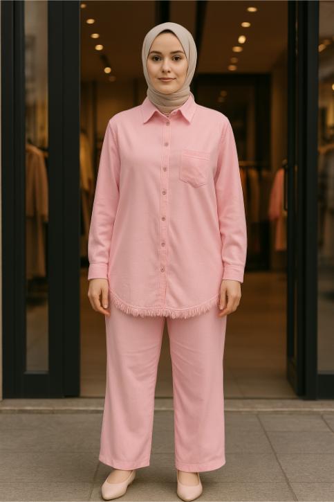 Pembe - Premium Kalite Bol Paça Pantolonlu Takım
